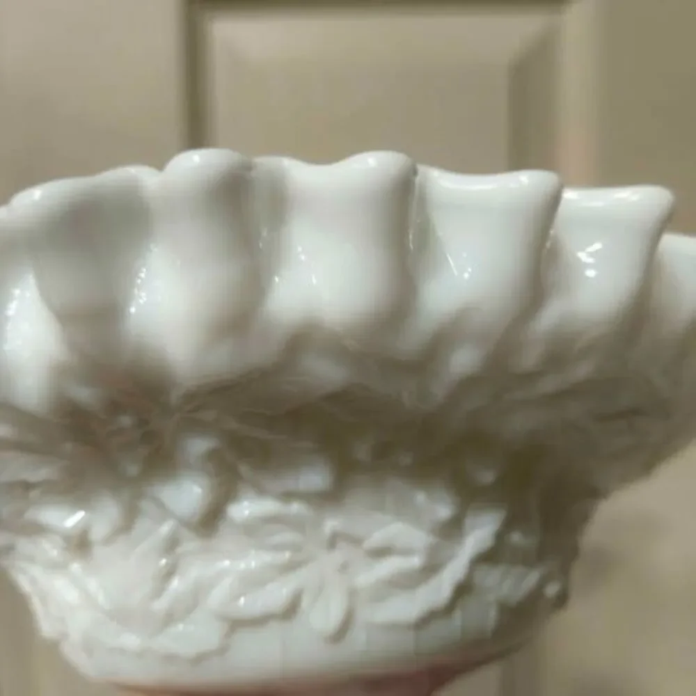 Milk glass ruffled edge grape leaf footed bowl